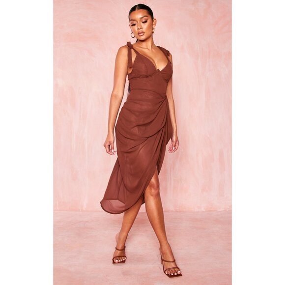 PrettyLittleThing Chocolate Brown Underwire Detail Draped Midi Dress sz 10 - Picture 1 of 9